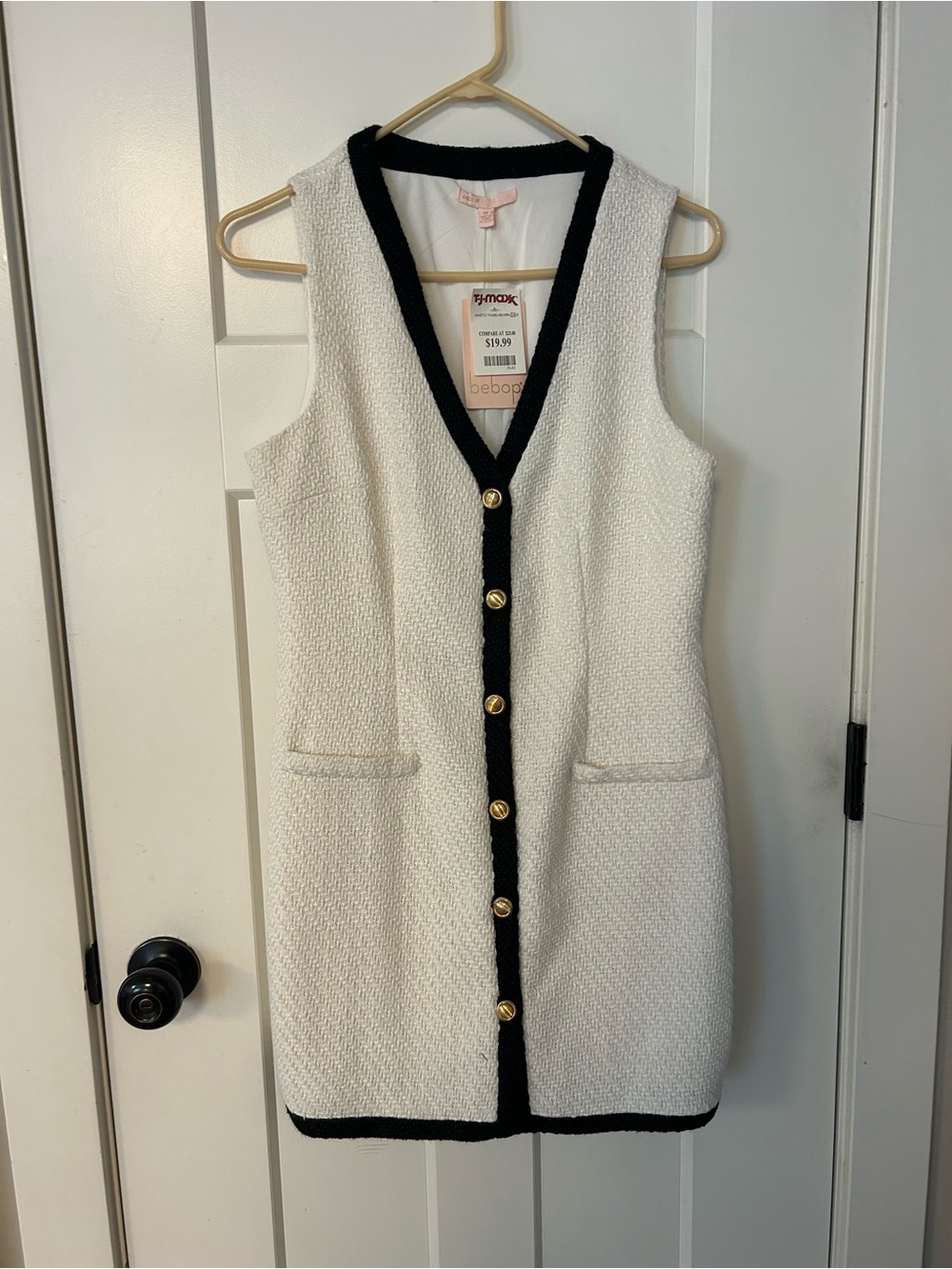 BeBop Cream Tweed Sleeveless Shift Dress with Black Trim